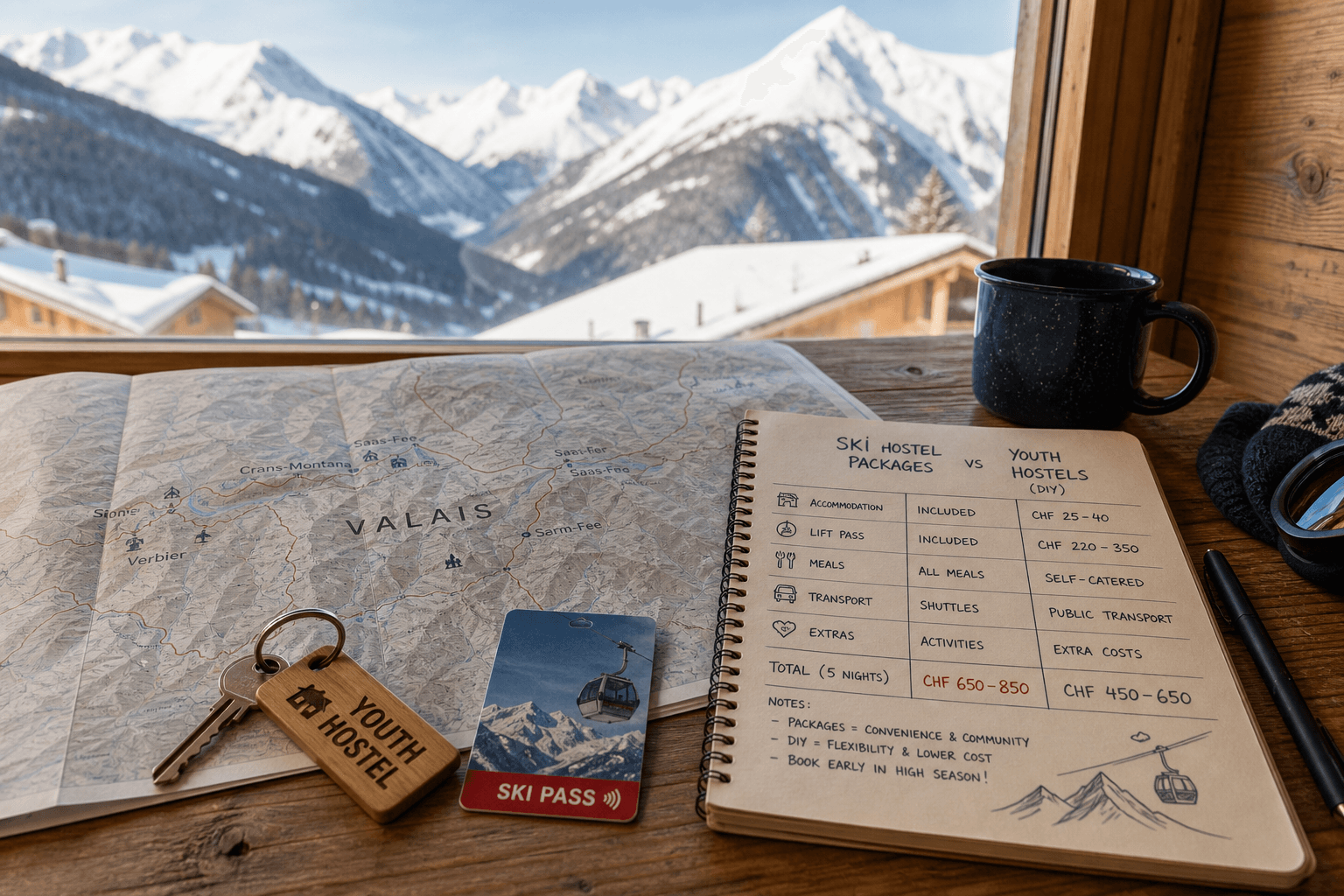Comparison of all-inclusive ski hostel packages and traditional youth hostels in the Swiss Alps of Valais.