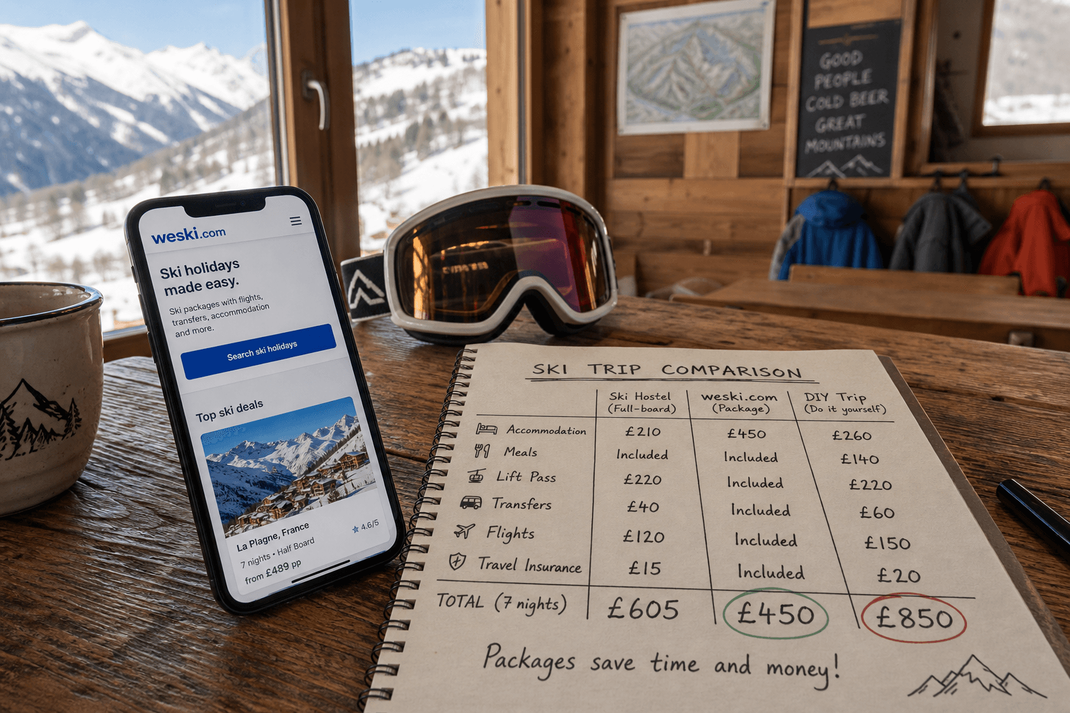 Skier holding a trail map outside a cozy alpine hostel with snow-covered Swiss mountain peaks in the background.