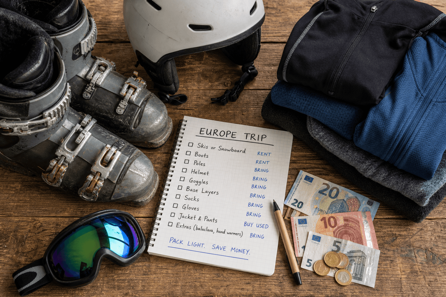 Neatly packed ski clothing, goggles, and winter gear laid out next to a travel duffle bag for an alpine trip.