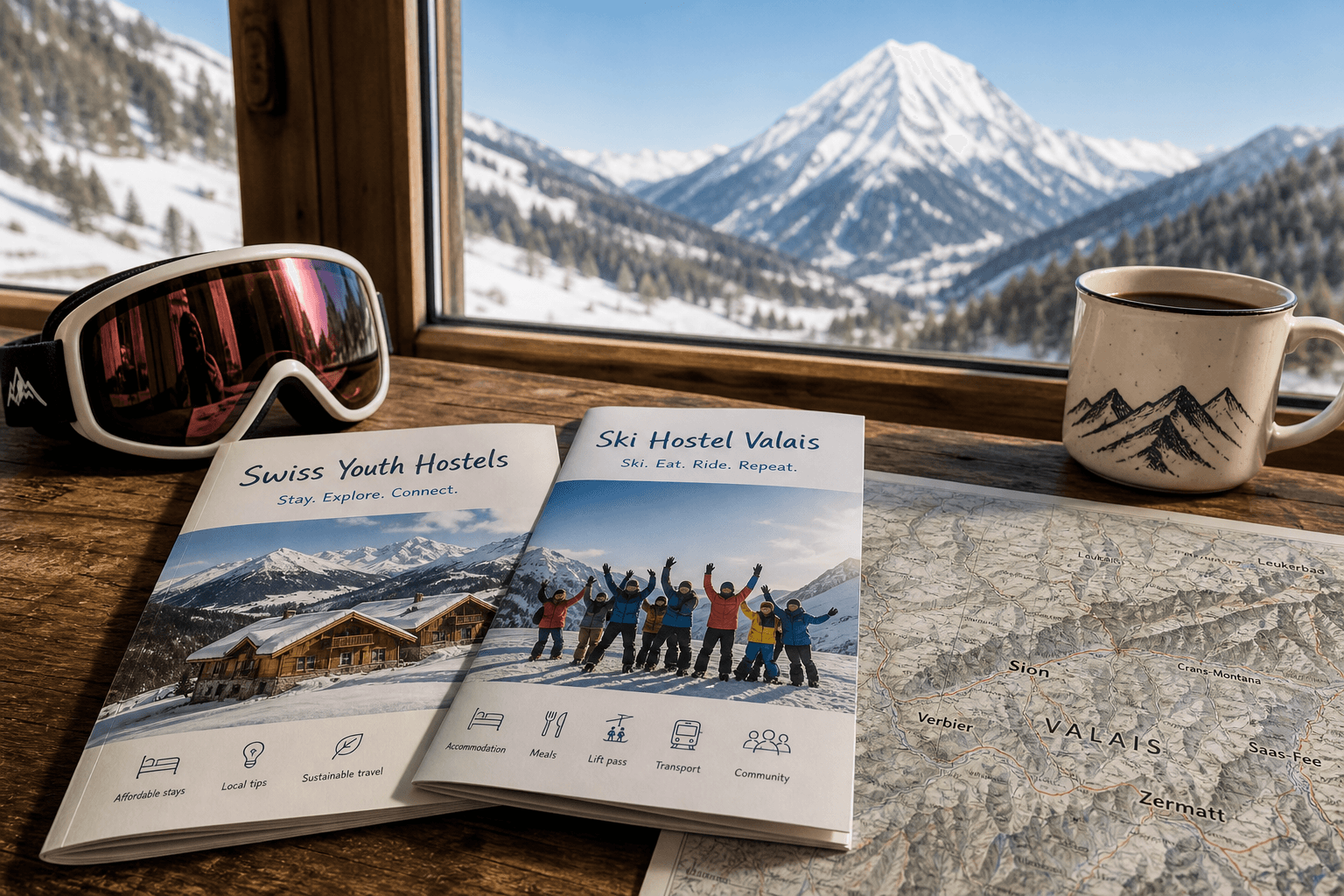 Skiers enjoying winter views outside a Valais alpine hostel in Switzerland with snowy mountain peaks in the background.