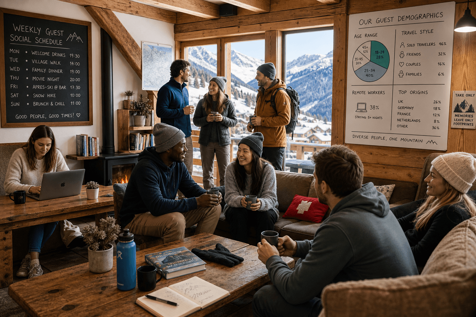 Diverse group of skiers relaxing and socializing in a warm alpine hostel lounge with mountain gear in the background