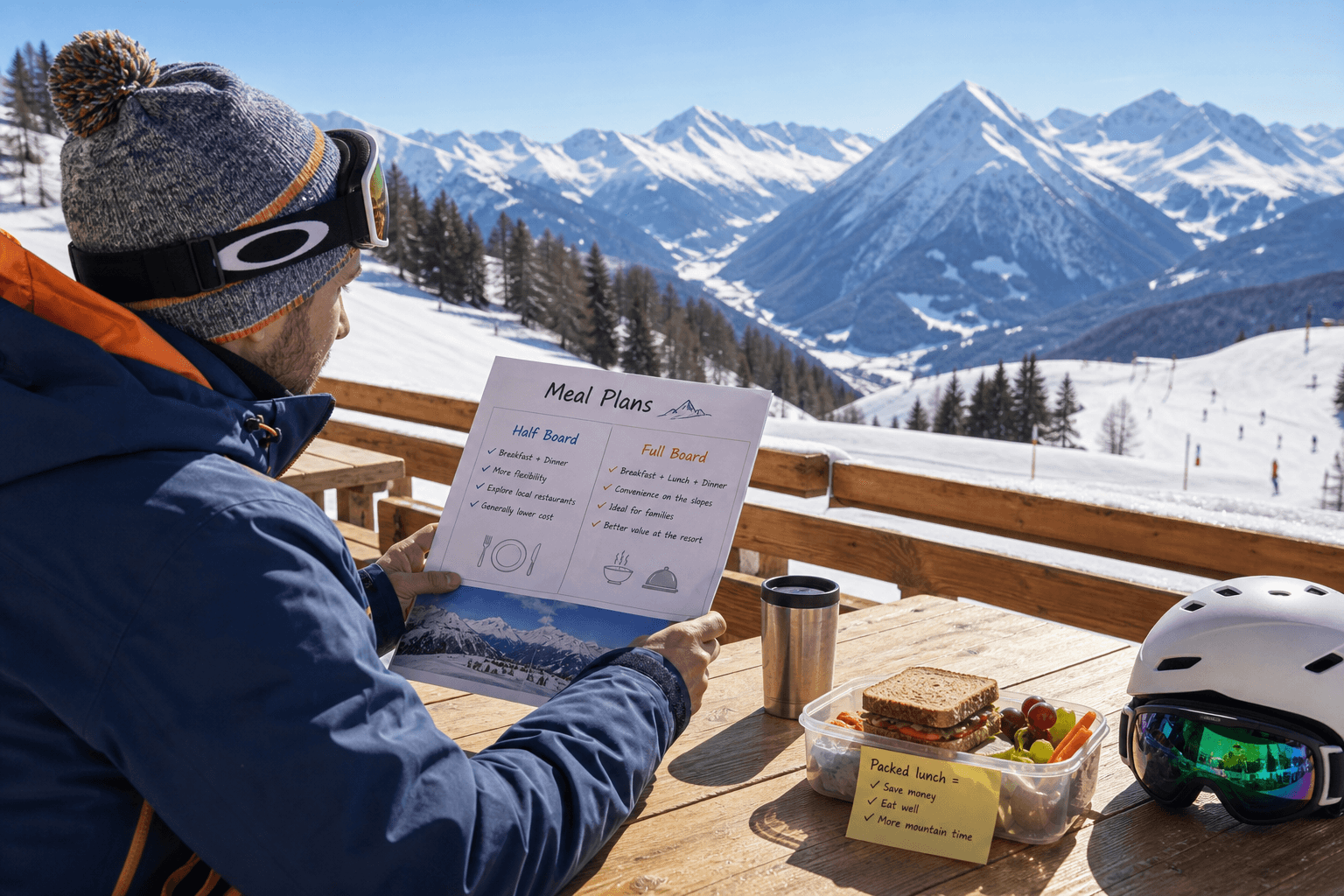 Ski gear and packed lunch on a wooden alpine bench overlooking snowy mountain slopes.