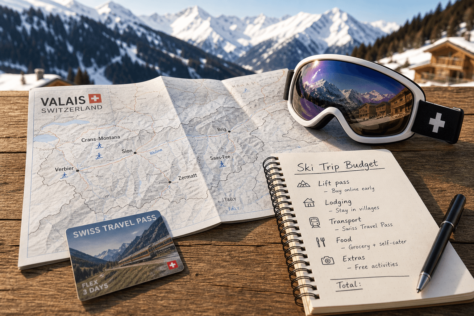 Skier standing on a snowy ridge overlooking scenic Swiss Alps valleys with a mountain trail map